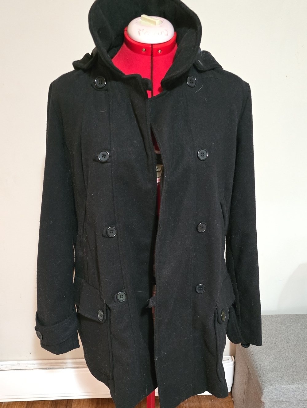 River Island Black Hooded Double-Breasted Pea Coat